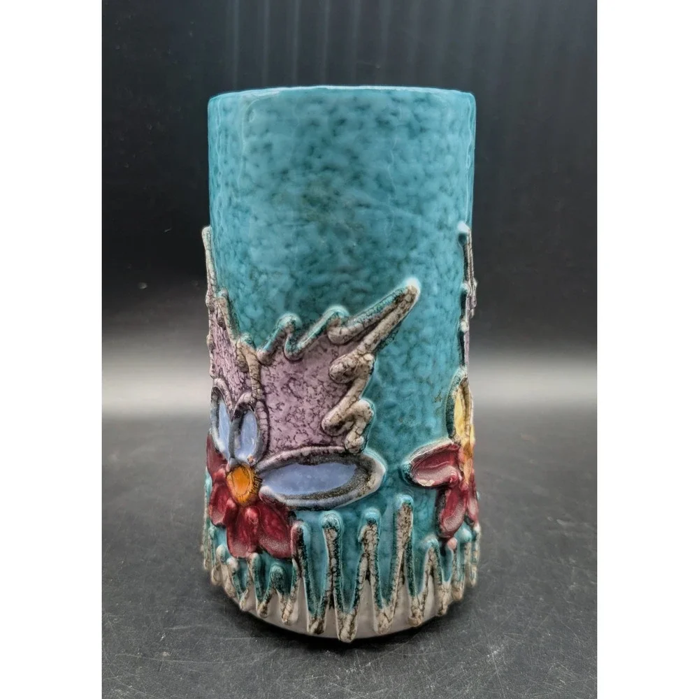 Fratelli Fanciullacci Italian Art Pottery Vase Turquoise Floral Relief 1740/W45
